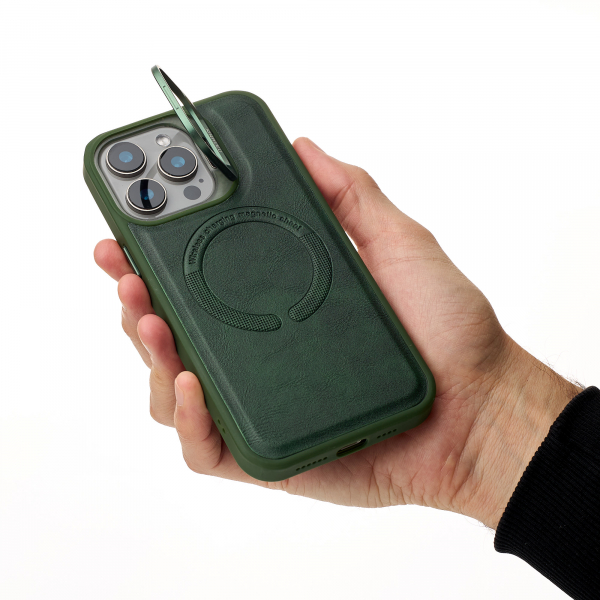 Чехол MagSafe LEATHER CAMERA CASE для iPhone 15 Pro Max темно-зеленый