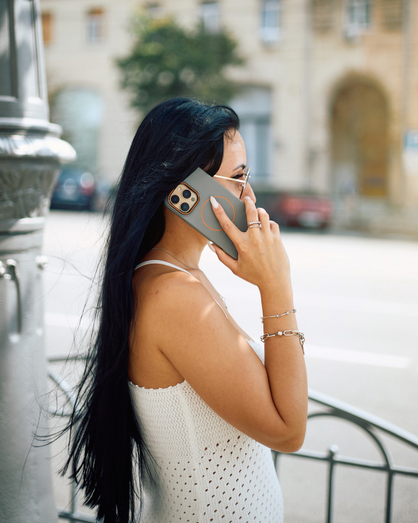 Силиконовый чехол Slim Ring Leather Textured с поддержкой MagSafe для iPhone 15 Pro Max stone gray