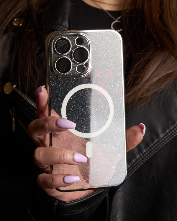 Пластиковый чехол MagSafe "Glitter" для iPhone 15 Pro Max серебряный